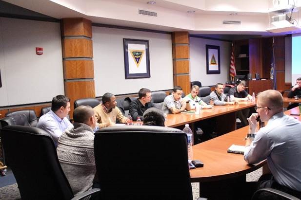 AMC Juan Fernandez of the JITT Team at Fleet Readiness Center Mid-Atlantic Norfolk discusses deck plate leadership during innovation training.
