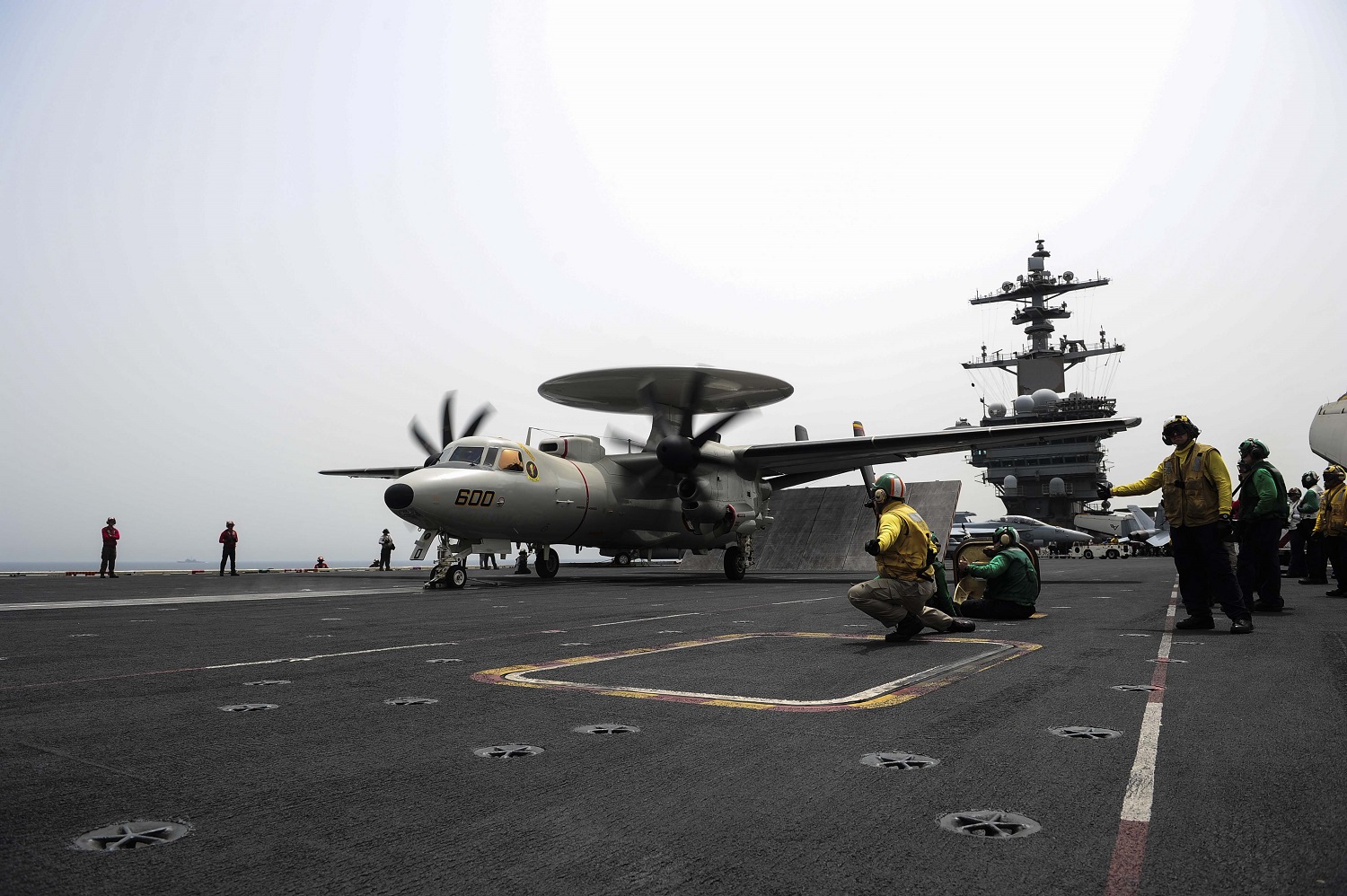 U.S. 5TH FLEET AREA OF OPERATIONS (April 28, 2015) An E-2D Hawkeye, assigned to the Tigertails of the Carrier Airborne Early Warning Squadron (VAW) 125, prepares to launch from the flight deck of the aircraft carrier USS Theodore Roosevelt (CVN 71). Theodore Roosevelt is deployed to the U.S. 5th Fleet area of operations conducting maritime security operations. U.S. Navy photo by Mass Communication Specialist Seaman Anna Van Nuys 