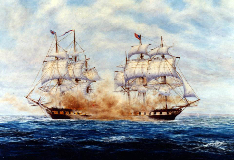 On 24 April 1778, during the American Revolution, Continental Navy sloop-of-war Ranger, commanded by John Paul Jones, captured British HMS Drake, off Carrickfergus, Ireland. This painting is by Arthur N. Disney, Sr. NHHC image NH 48548-KN.