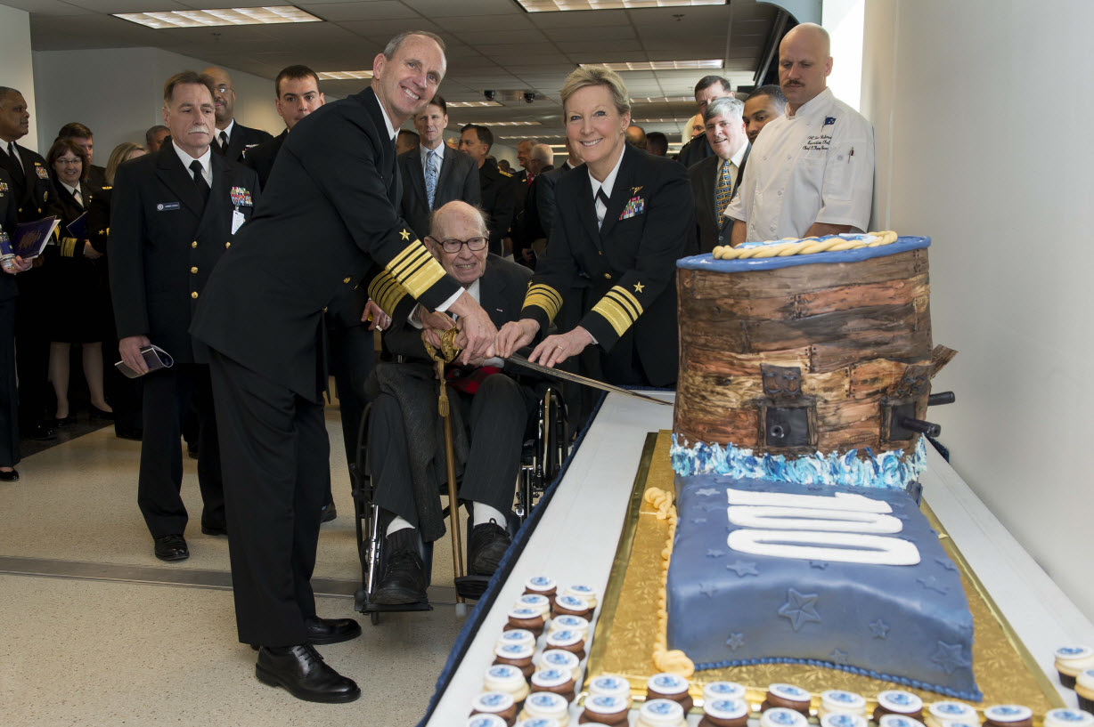 WASHINGTON (March 2, 2015) Chief of Naval Operations (CNO) Adm. Jonathan Greenert and Chief of Navy Reserve Vice Adm. Robin Braun cut a cake at the Centennial of the U.S. Navy Reserve celebration at the Pentagon. U.S. Navy photo by Mass Communication Specialist 1st Class Nathan Laird.
