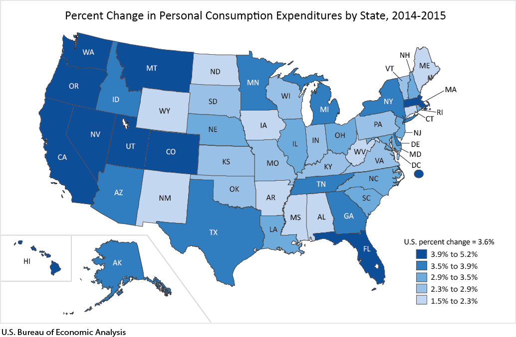 Map of Annual Percent Change in Total Personal Consumption Expenditures by State