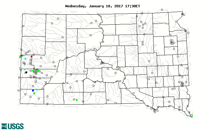 Stream gage levels in South Dakota, relative to 30 year average.