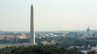 An aerial view of the Washington Monument, left, and U.S. Capitol, right, in Washington, DC.