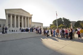 West Plaza with visitors lined up for oral argument