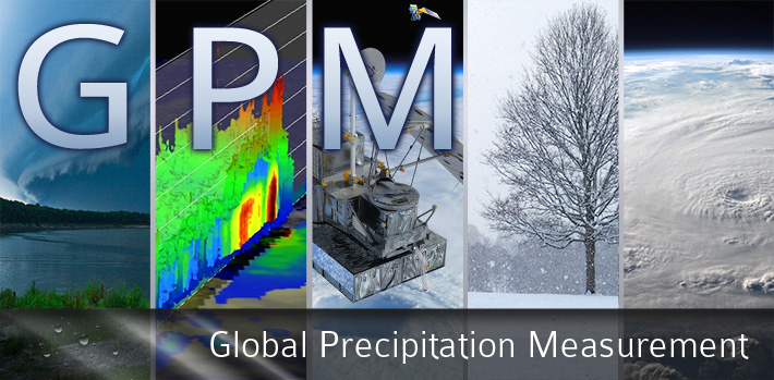 GPM: Global Precipitation Measurement Banner. 5 vertical panels depicting an approaching storm, TRMM 3D cloud measurements, the GPM core observatory, a tree with snowfall, and a hurricane as seen from space.