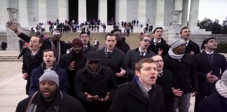 Singers performing in front of Lincoln Memorial (Courtesy of Maccabeats)