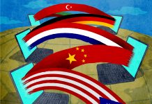 Ilustrasi komputer yang terhubung dengan bendera nasional yang berbeda (State Dept./Doug Thompson)