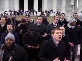 Singers performing in front of Lincoln Memorial (Courtesy of Maccabeats)