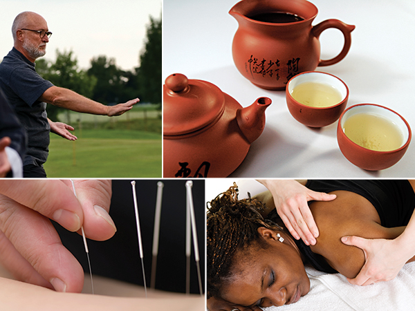 A collage of a man practicing marital arts, green tea, acupuncture and a woman receiving a massage.