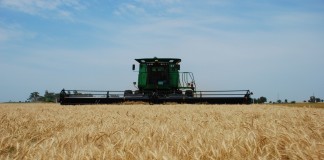 Large mechanical reaper moving through hayfield (Courtesy of Kansas Wheat)