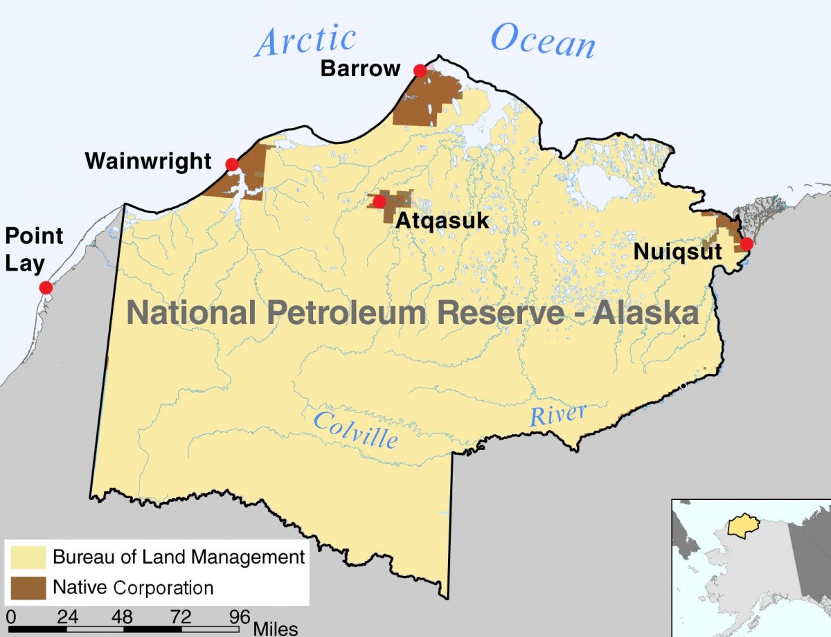 Land status map of the National Petroleum Reserve in Alaska showing Federal and Alaska Native lands.