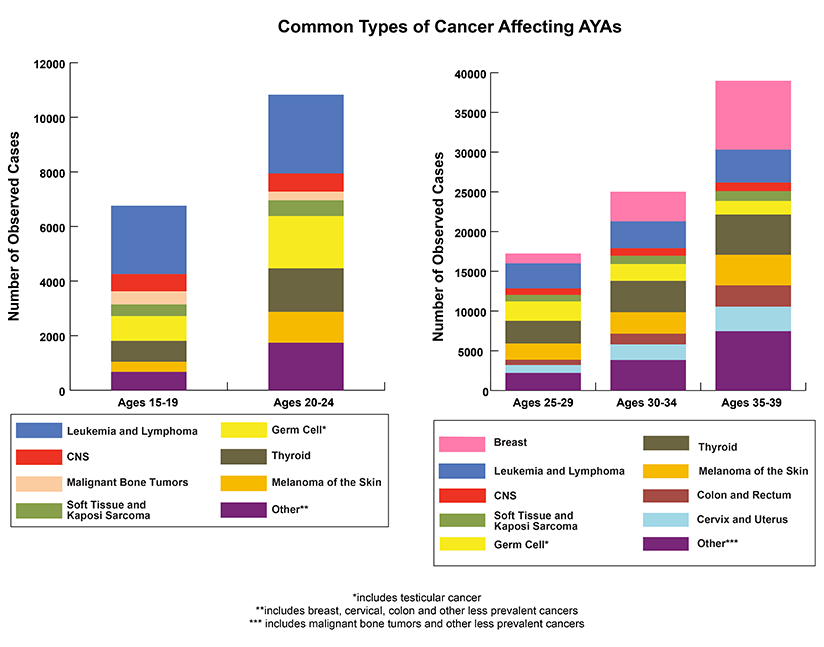 Bar graphs depicting the number of observed cases of the Common Types of Cancer Affecting AYAs for Age at Diagnosis 15-19, 20-24, 25-29, 30-34, and 35-39. Leukemia and lymphoma are the most common types of cancers at ages at diagnosis 15-19, 20-24, and 25-29. By ages at diagnosis 30-34, thyroid and breast cancers are the most common types of cancer.