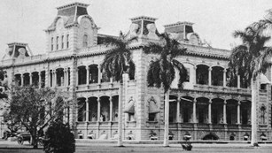black & white image of a large palace with many windows surrounded by palm trees