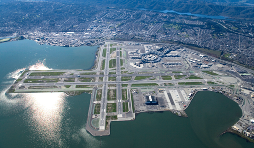 Sky view of the San Francisco International Airport and runways.