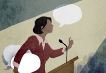 Ilustrasi wanita berbicara di podium dengan setumpuk gelembung bicara (State Dept./Doug Thompson)