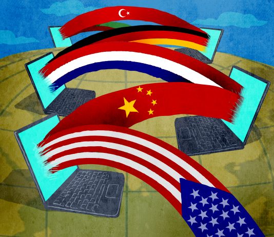 Ilustrasi komputer yang terhubung dengan bendera nasional yang berbeda (State Dept./Doug Thompson)