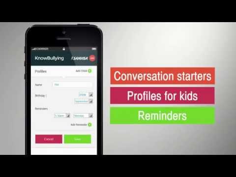 KnowBullying by SAMHSA is a free app that encourages conversation between you and your children. The time you spend will build their self-esteem and help them face bullying—whether they are being bullied, engaging in bullying, or witnessing bullying. Download the app:http://store.samhsa.gov/apps/bullying/.