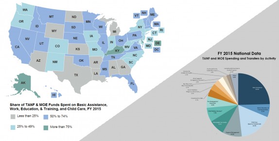 FY 2015 TANF and MOE Financial Data image of USA map and national pie charts