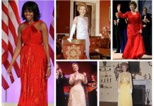 A grid of images showing women in formal gowns (© AP Images; © Getty)