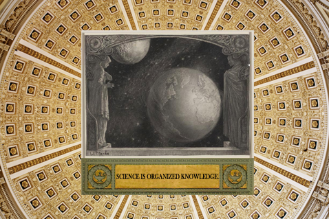 Thomas Jefferson Building, Great Hall and Interior Dome, Benda’s painting The Earth with the Milky Way and Moon from Prints and Photographs Collection, words Science is Organized Knowledge