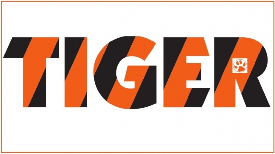 TIGER logo with orange paw inside letter 'R'