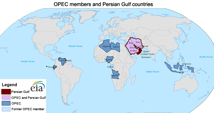 Map showing OPEC members and PErsian Gulf Countries