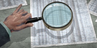 Drawing of hand holding magnifying glass over spreadsheet (State Dept./Doug Thompson)