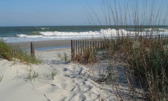 Waves crash on a sandy beach with grass growing on the dunes.