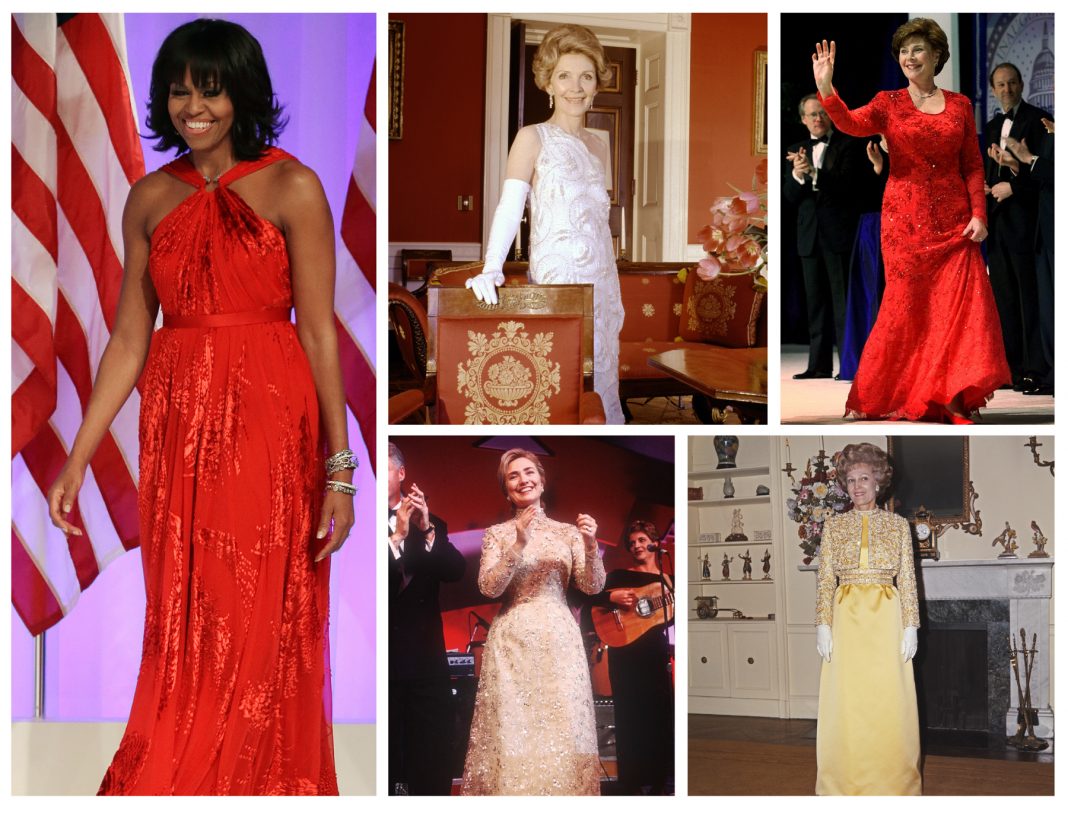 A grid of images showing women in formal gowns (© AP Images; © Getty)