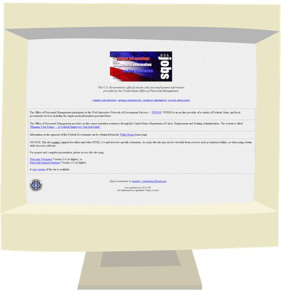 Screenshot of USAJOBS home page in 1996