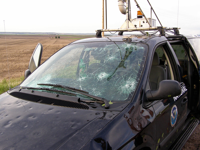 Hail damage on NSSL mobile mesonet vehicle