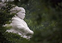 Le monument à la mémoire de Martin Luther King, aperçu parmi le feuillage d'arbres (© AP Images)