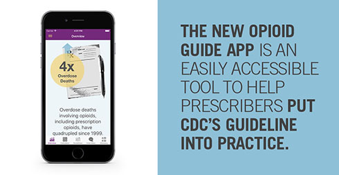 image of the mobile app; The new Opioid Guide App is an easily accessible tool to help prescribers put CDC's Guideline into practice