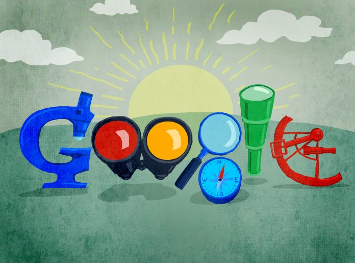 Illustration of Google doodle featuring search instruments (State Dept./Doug Thompson)