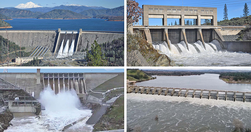 Photo of Shasta, Keswick, Nimbus, Folsom dams releasing high flows January 2017.
