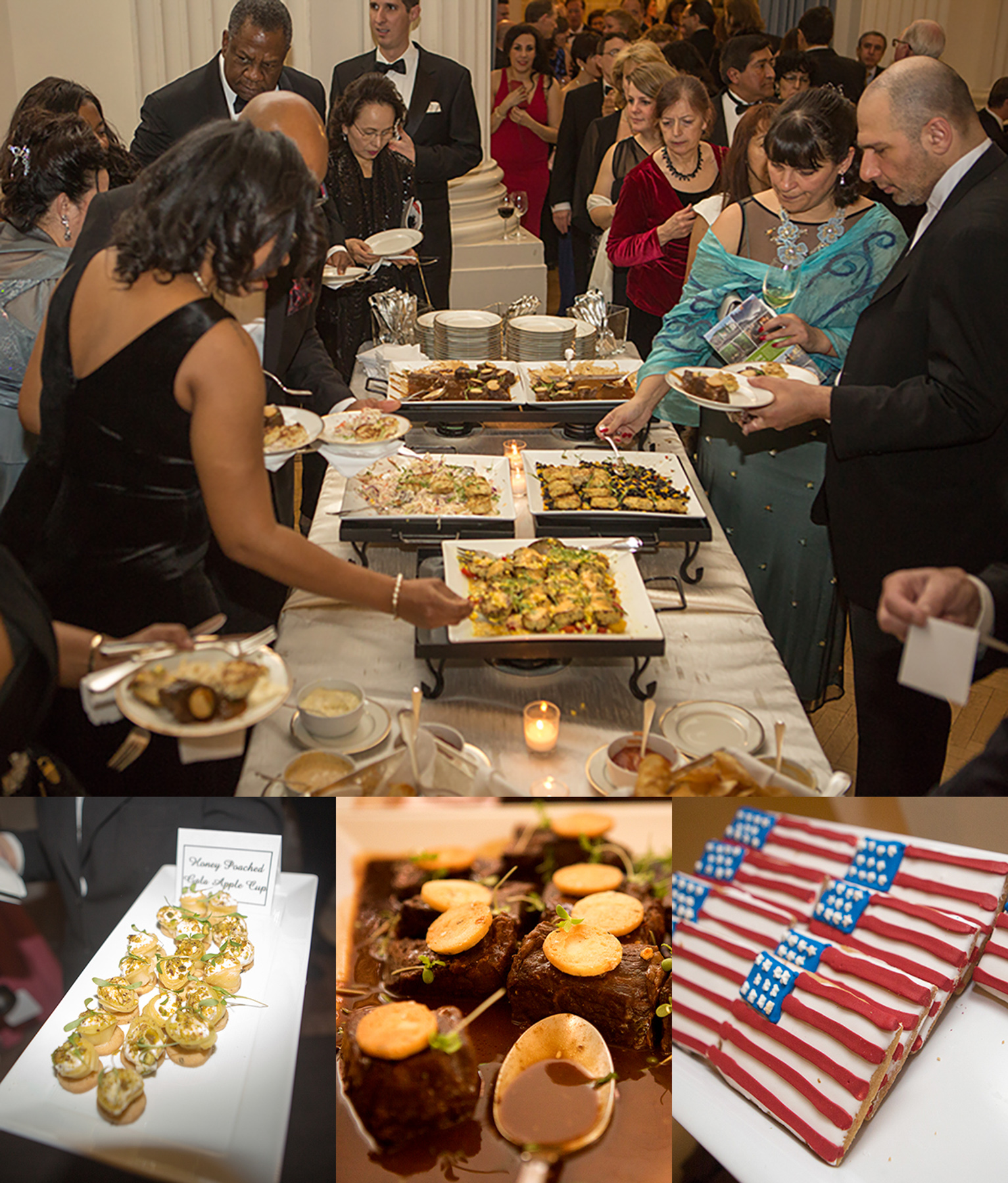 Four photos of food on buffet table and people serving themselves (State Dept./D.A. Peterson)