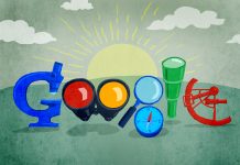 Ilustração do logotipo doodle do Google com letras coloridas representando instrumentos de busca (Depto. de Estado/Doug Thompson)