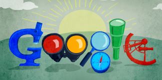 Illustration of Google doodle featuring search instruments (State Dept./Doug Thompson)