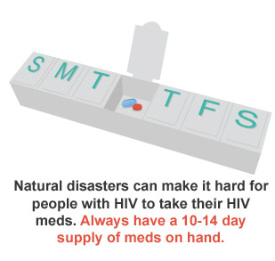 Natural disasters can make it hard for people with HIV to take their HIV meds. Always have a 10-14 days supply of meds on hand.