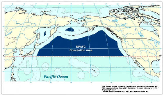 Convention area for the North Pacific Anadromous Fish Commission shown in dark blue