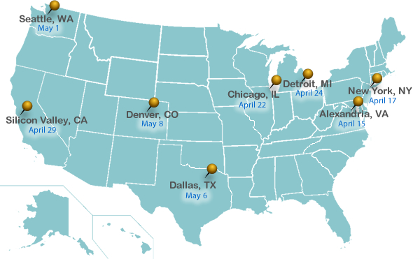 Map of locations for PTAB Trial Roundtables (see table below)