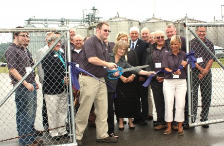 This is a photo of a ribbon cutting at the grand re-opening of Three Rivers Energy Biorefinery in Coshocton County, Ohio.