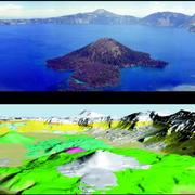 Top: The crystal blue waters of Crater Lake. Bottom: a USGS oblique bathymetric map.