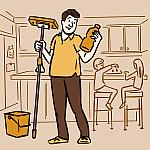 An illustration of a dad holding a mop and reading the label on a bottle of cleaning fluid in a kitchen.