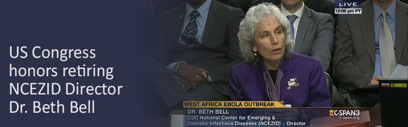 Slider Image - Picture of Dr. Beth Bell on CSPAN speaking about the West Africa Ebola Outbreak with the words: US Congress honors retiring NCEZID Director Beth Bell 