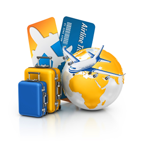 Digital illustration of luggage, credit cards, airplane and globe