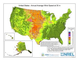Thumbnail image of the national 30m wind speed potential in the United States map.
