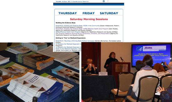 left to right: Image 1: Photo of EHC materials on conference table. Image 2: Screenshot of conference toolkit Web page displaying EHC links. image 3: Photo of Jean Slutsky giving AHRQ EHC Program presentation.