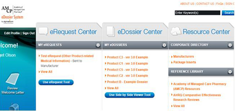 Screen shot of eDossier page that includes AHRQ Comparative Effectiveness Reviews in its Reference Library.