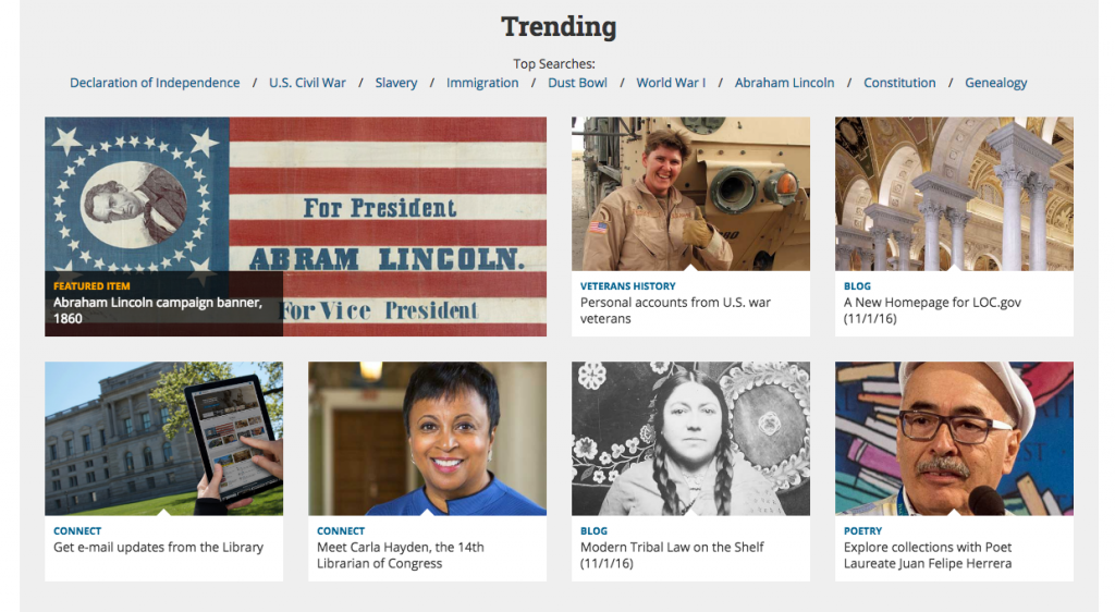 Part of the new Library of Congress home page, Nov. 1, 2016.